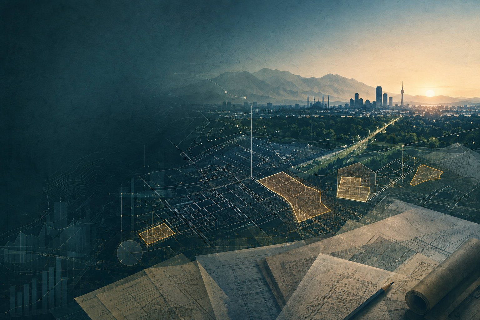 Editorial illustration of Islamabad, cadastral lines and property news signals
